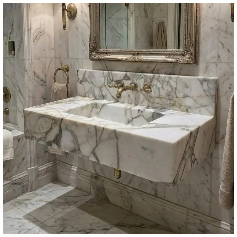 Calacatta White Marble Integrated Sinks in Luxury Bathroom Calacatta White Marble Integrated Sinks in Luxury Bathroom